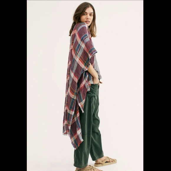 Free People Kimono Plaid Oversized wine green O/S - Picture 4 of 6